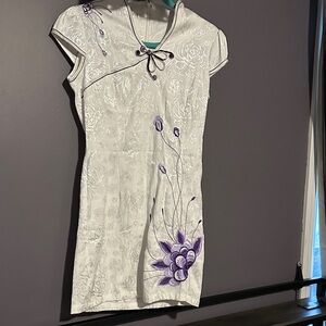 Elegant White and Purple Floral Dress